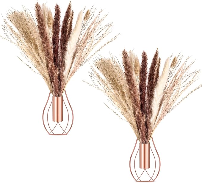 2 Pcs Boho Wall Decor Metal Wall Art Hanging Planter with Artificial Pampas Wall-Mounted Modern Home Decor Display Artwork Plant Hanging Vase for Bedroom Living Room Bathroom (Rose Gold)