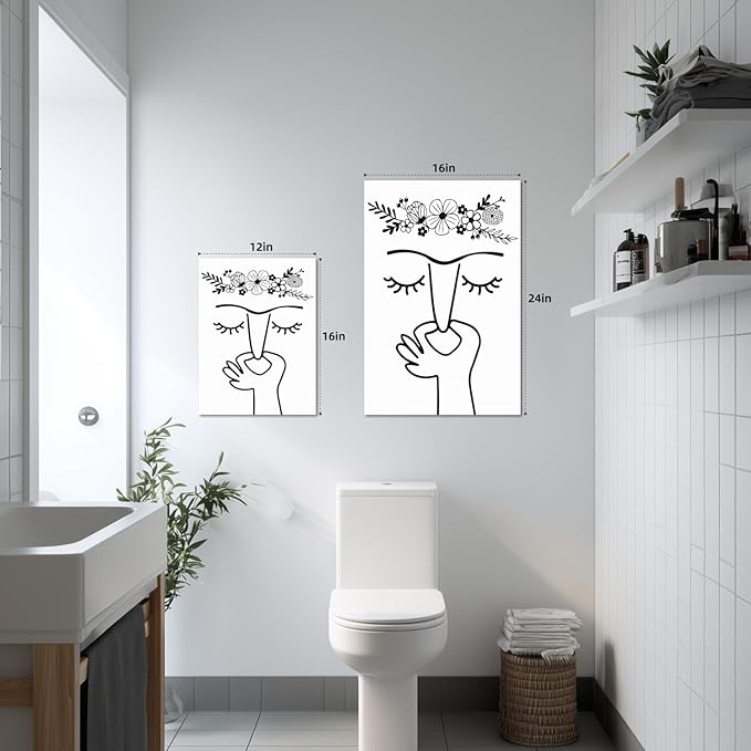 IAFWZX Framed Funny Bathroom Wall Art, Black and White Humor Toilet Wall Decor, Minimalist Face Line with Flower Crown Canvas Painting, Modern Abstract Poster Print for Restroom Bedroom 16"x24"