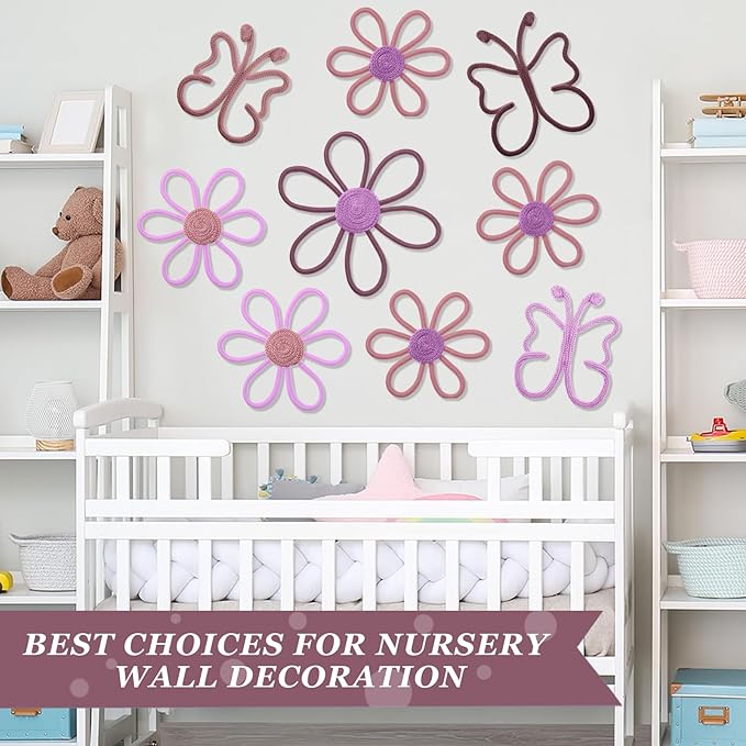 Wesiti 9 Pcs Boho Nursery Decor 3 Size Daisy Flower and Butterflies Woven Macrame Wall Hanging for Home Nursery Bedroom Dorm Wall Art(Fresh Color)