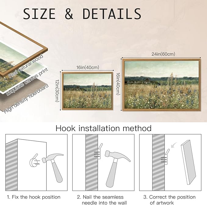 HLXRAE Christian Scripture Canvas Wall Art, “Consider the Lilies” Bible Verse Wall Decor, Rustic Wildflower Poster Print, Vintage Religious Artwork for Church Prayer Bedroom Wood Framed 12x16 Inch