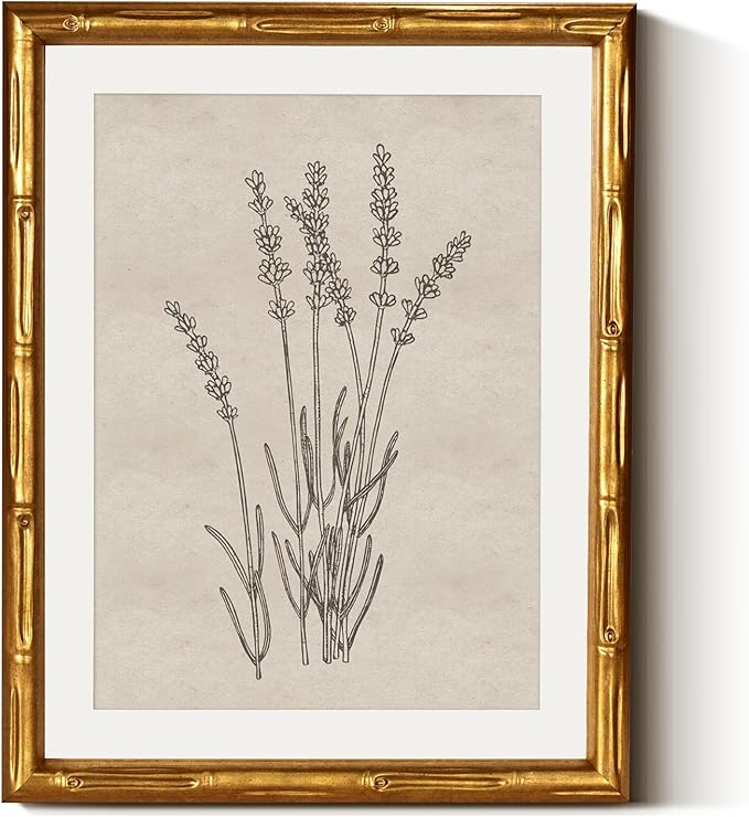 InSimSea Gold Bamboo Framed Canvas Wall Art, Minimalist Lavender Botanical Paintings, Antique Vintage Picture Frame with Mat, Victorian Home Wall Decor for Living Room Bedroom Gallery, 11x14inch