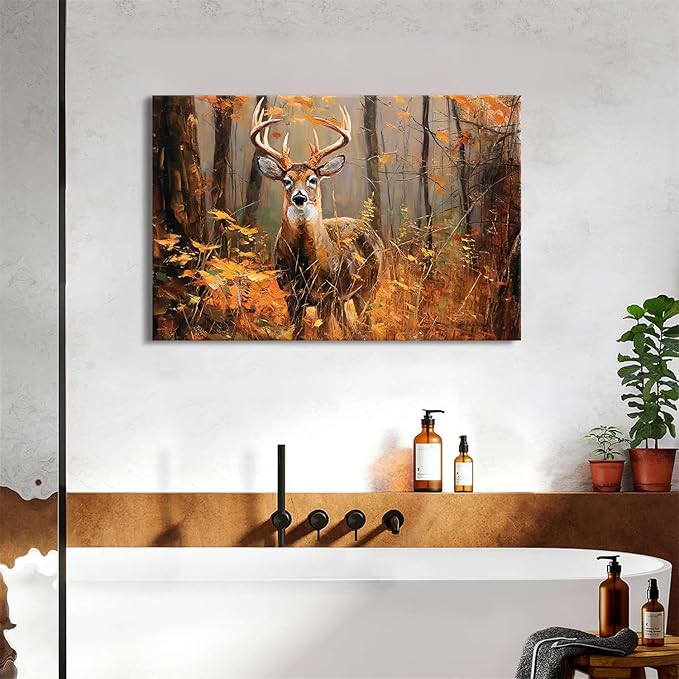 Deer Wall Art Fall Forest Wall Decor Nature Autumn Landscape Picture Rustic Wildlife Animal Canvas Prints Farmhouse Elk Painting Maple Leaves Artwork for Bedroom Living Room Home Decoration 24x36"
