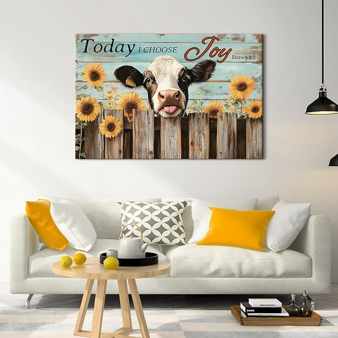 Vintage Funny Cow Canvas Wall Art for Living Room Bedroom Kitchen Decorations 32x48", Today I Choose Joy Pictures Sunflower Wall Decor Christian Bible Verse Poster Painting Farmhouse Prints Artwork