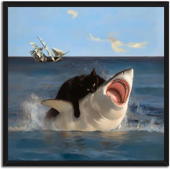 Floating Framed Black Cat Wall Art, Funny Quirky Cat and Shark Pictures Canvas Print, Abstract Black Cat Shark Posters Wall Decor for Room Bedroom Living Room Bathroom Aesthetic 20x20 inch