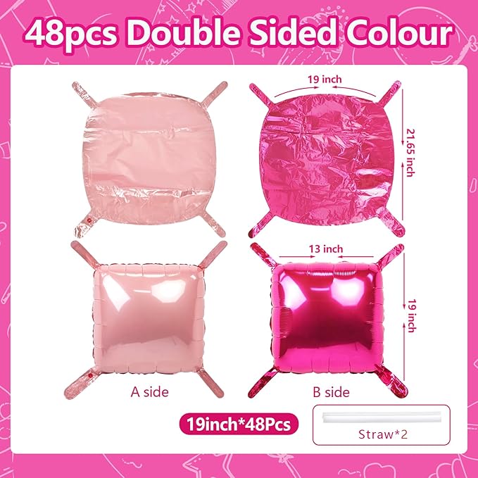 NISOCY 48PCS Hot Magenta Pink Square Foil Balloons Wall Backdrop Double Sided Metallic Pink Balloons Arch Kit for Anniversary Bachelorette Birthday Engagement Bridal Baby Shower Party Decorations