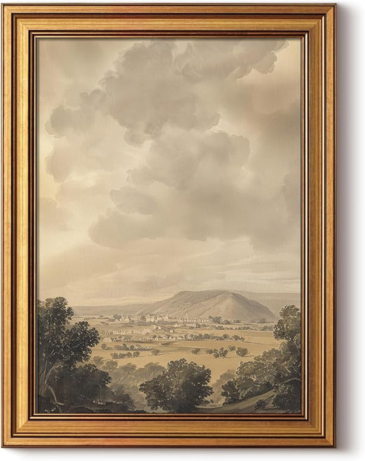 HUARCEY Framed Canvas Wall Art Vintage Decor, Mountain Clouds Picture Decor, Rustic Vintage Neutral Canvas Paintings Retro Table Desk Pictures for Bedroom Living Room, 12x16Inch