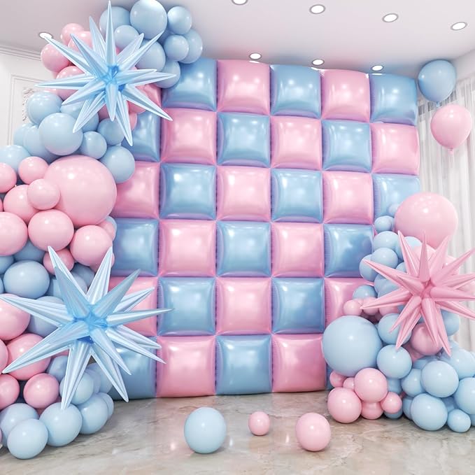 36pcs Pink and Blue Square Foil Balloons Wall Backdrop with 147pcs Balloon Garland Arch Kit, Double Sided Balloons for Princess Birthday Boy or Girl Gender Reveal Baby Shower Party Decorations