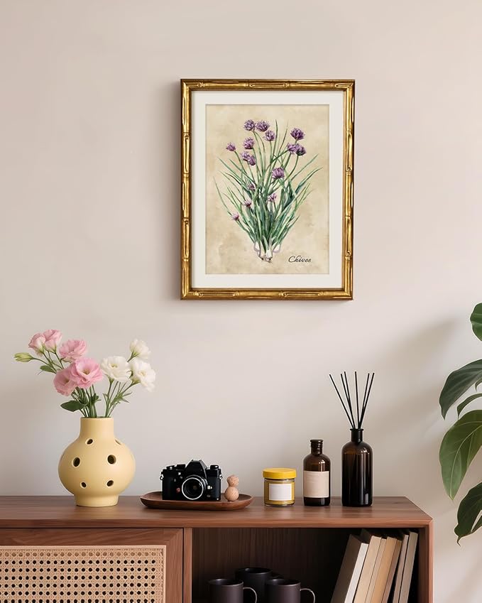 VIYYIEA Bamboo Detail Design Gold Framed Wall Art, Chive Canvas Prints, Vintage Framed Wall Decor, Picture Print Painting for Home Decor, 11 x 14 Inch
