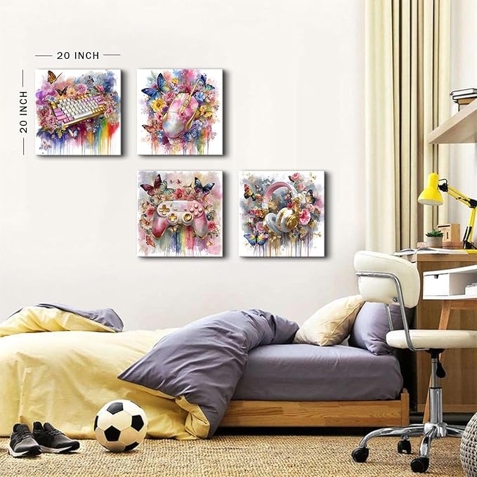 Large 4 Panel Gaming Wall Art Girls Room Decor Pink Floral Butterfly Canvas Print Gamer Bedroom Wall Decor 20x20”, Colorful Controller Headphones Keyboard Mouse Posters Gaming Home Decorations