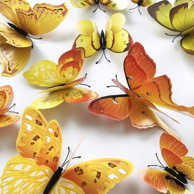 24pcs 3D Colorful Butterfly Wall Stickers DIY Art Decor Crafts for Party Nursery Classroom Offices Kids Girl Boy Baby Bedroom Bathroom Living Room Magnets and Glue Sticker Set (Yellow-Double Wing)