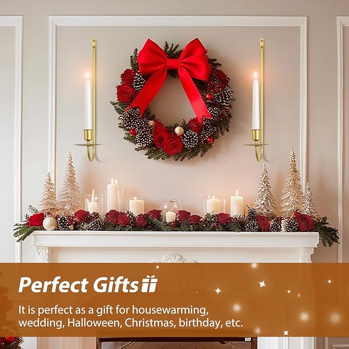 Gold Candle Sconces Set of 4, Taper & Pillar Wall Candle Holder, Gold Wall Decor, for Entryway, Fireplace, Stair Corner