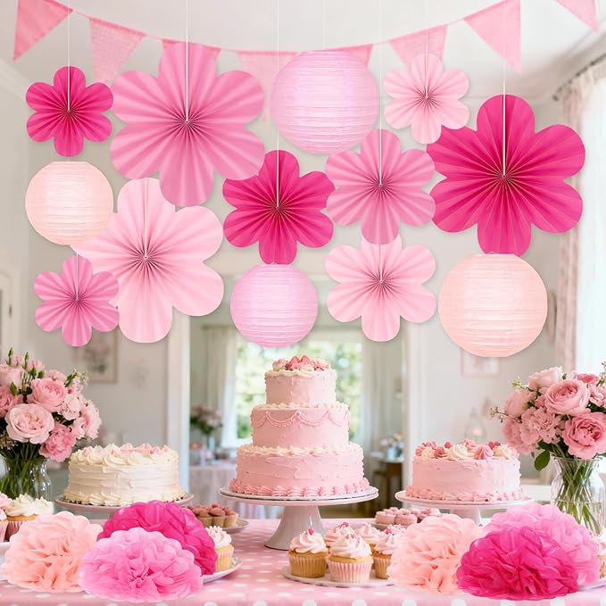19 Pcs Pink Party Decorations, Light-Hot Pink Hanging Paper Lanterns, Paper Flowers Fans, Tissue Pom Poms, Floral Backdrop Wall Decor for Birthday Baby Showers Bridal Wedding Valentines Classroom