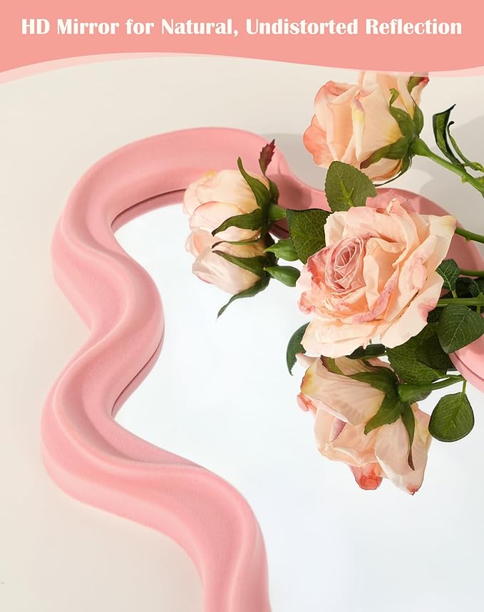 Wavy Mirror Wall Decor for Girly Bedroom, Small Cute Abstract Decorative Mirrors for Modern Apartment Nursery Room Decoration, Hanging Wall Art Above Dresser Desk Table Decor (Light Pink)