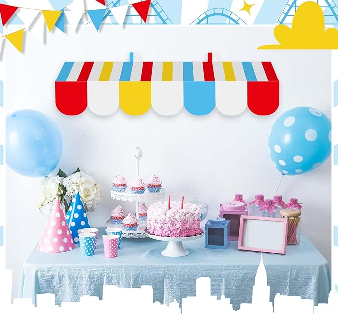 Tallew 4 Pcs 3D Circus Awning Wall Decoration Carnival Awning for Halloween Carnival Theme Party Classroom Decorations(Red, Yellow, Blue and White)