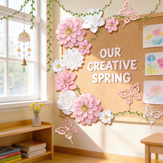 Paper Flower Decoration for Wall 3D Paper Butterfly Flower Bulletin Board Decor Pink White Artificial Flower Backdrop Wall Decor Green Leaves Vine for Classroom Office Spring Garden Tea Women Birthday