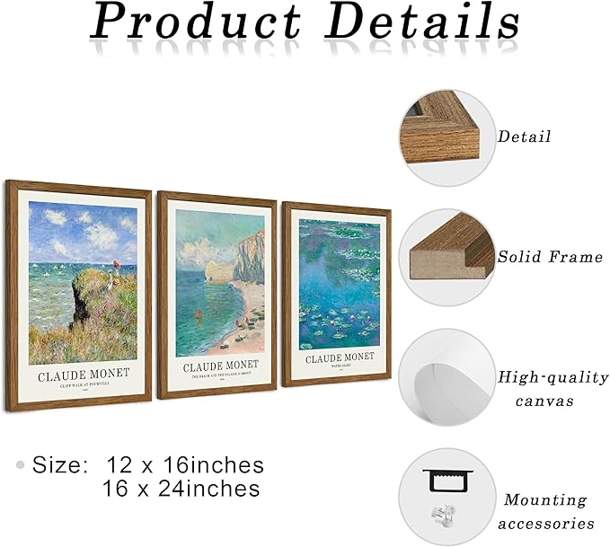 JLTULT 3 Piece Framed Vintage Claude Monet Canvas Wall Art, Impressionism Landscape Wall Decor, The Cliff Walk at Pourville Water Lilies Prints for Living Room Bedroom Office 16x24 in Easy to Hang