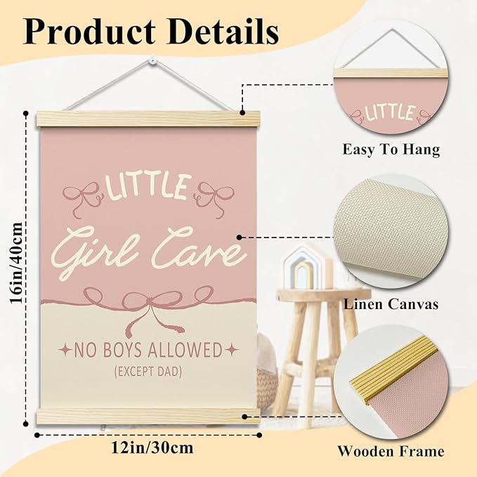 Little Girl Cave Posters Hanger Frame for Girls Room Hanging Pink Bows Poster for Bedroom Kids Room Classroom Decor Wall Art Decor for Nursery Playroom Canvas Wall Art Print 16x12 Inches - YY044