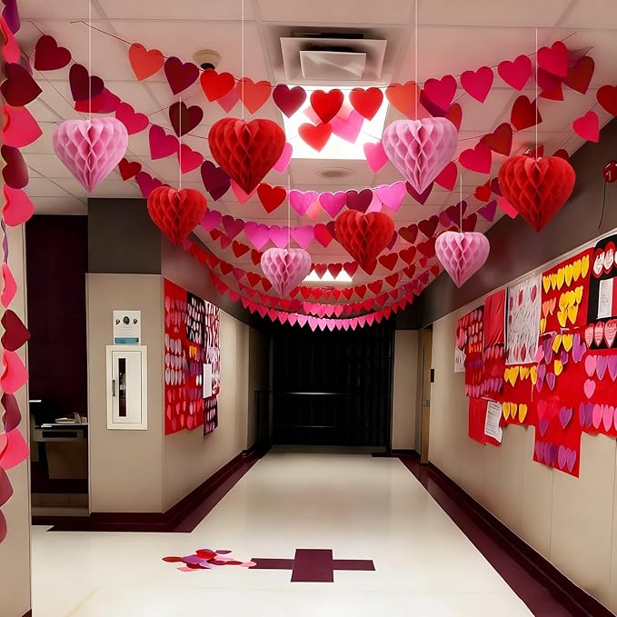 23 Pcs Valentine's Day Classroom Ceiling Decoration Kit with 15 Love Flags and 8 Heart Paper Flower Balls Heart Valentines Garland Accessories for Party Wall Office Classroom School Decor