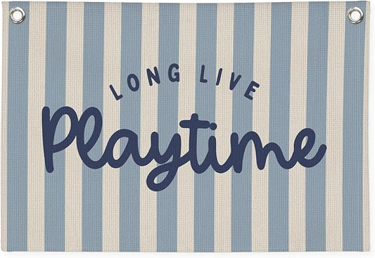 Playroom Wall Decor,Long Live Playtime Banner,Kids Room Decor,Blue Stripes Linen Canvas Banner Wall Hanging Flag Decor for Toddler Boy Room Nursery Playroom 30x20 Inch