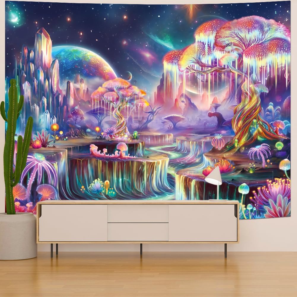 Obsecolors Blacklight Tapestry Fantasy Tree of Life Tapestry UV Reactive Galaxy Space Tapestries Colorful Plant Floral Mountain Landscape Tapestries Wall Hanging for Bedroom