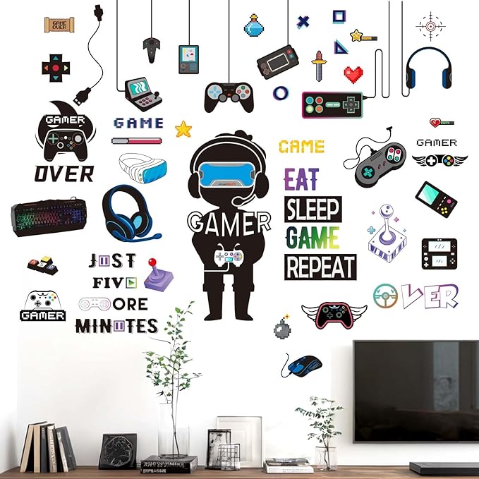Gamer Wall Stickers - Controller Eat Sleep Games Joystick Video Gaming Wall Decals - Boys Bedroom Playroom Baby Kids Room Wall Decor