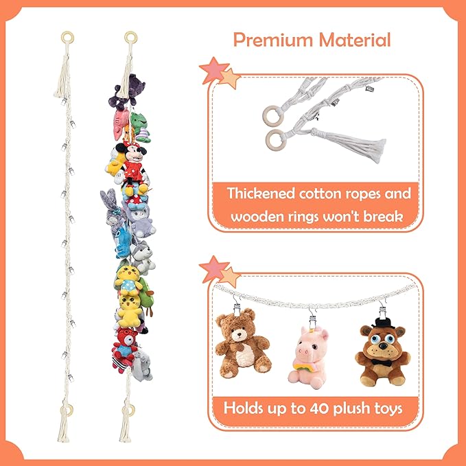 2PCS Stuffed Animals Storage Chain Organizers 80" Cotton Hanging Storage Chain with 40 Metal Clips Stuffed Animal Display Holder Chain for Wall or Corner Nursery Play Room