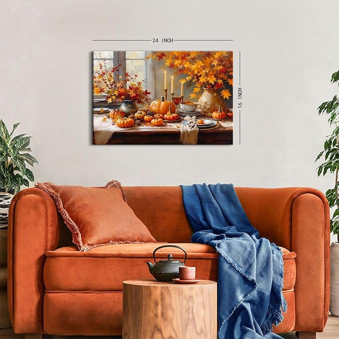Farmhouse Kitchen Decor Pumpkin Wall Decor Maple Leaves Painting Orange Pumpkin Canvas Prints Rustic Fall Harvest Themed Pictures Still Life Artwork for Bedroom Dining Room Home Decoration 16x24"