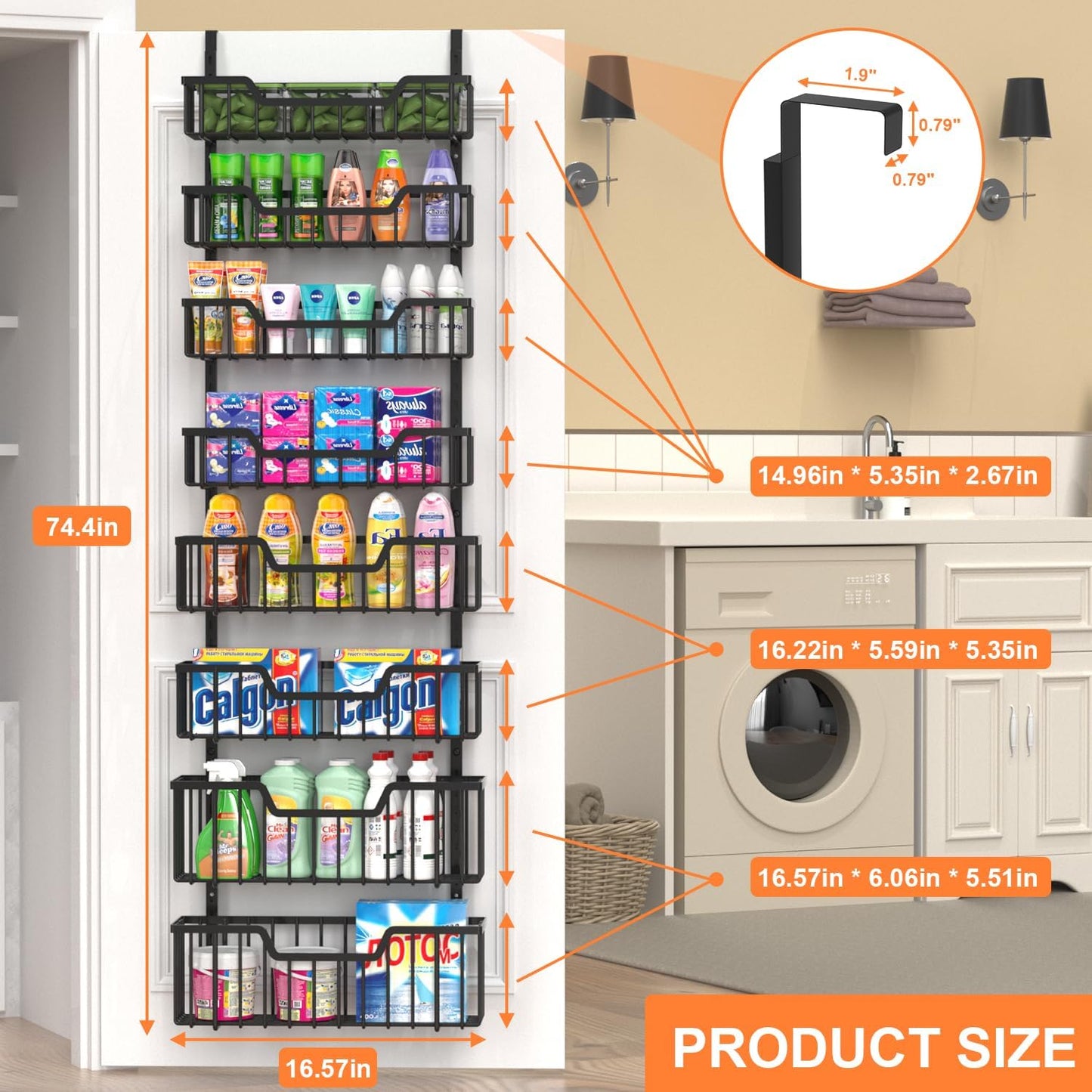 Over The Door Pantry Organizer, 8-Tier Pantry Door Organizer Shelves | 3 Sizes | Adjustable Basket | Metal Hanging Spice Rack for Kitchen, Pantry, Cabinet, Back of Door Seasoning Rack, Black