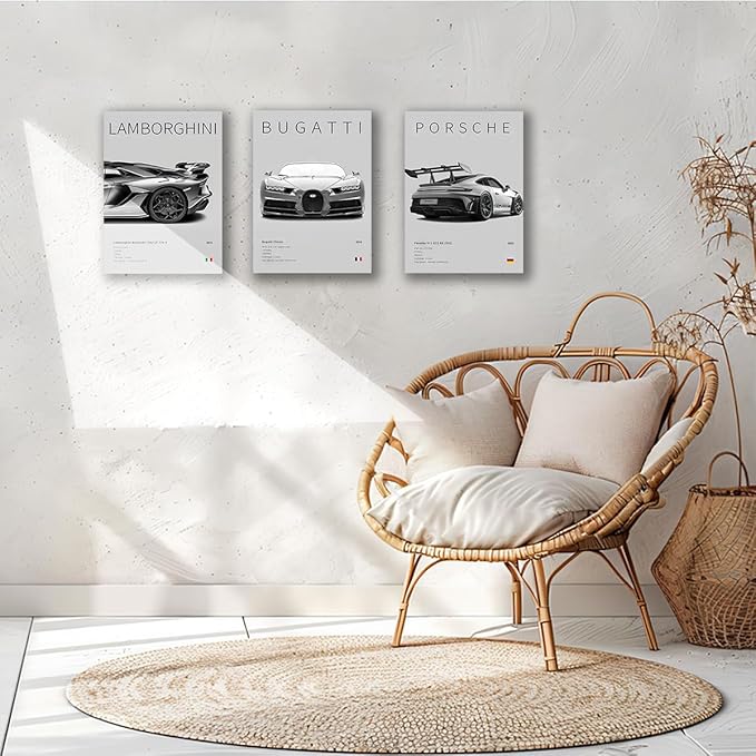 CSLGQGV Car Poster Vintage Racing Car Wall Art Supercar Canvas Prints Painting For Men Room Pictures Guys Dorm Room Aesthetics Decor Bedroom Office (black and white car frame, 12x16in)