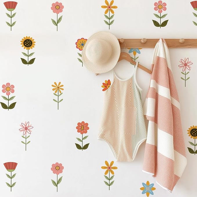 YouRfocus Boho Flower Wall Decals for Nursery & Kids Room – Set of 72 Floral Wall Stickers, Removable Peel and Stick Boho Home Decor, Pastel Wall Art (12 Sheets)