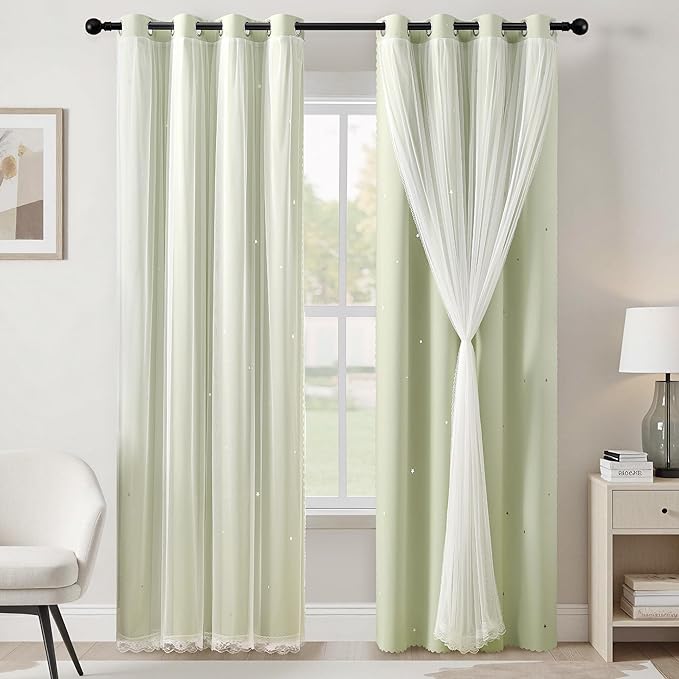 XiDi Sage Green Blackout Curtains for Kids Bedroom 72 Inch Length 2 Panels Double Layer Curtains with Sheer Overlay Privacy Thermal Insulated Grommet Window Star Curtains for Living Room W52 x L72