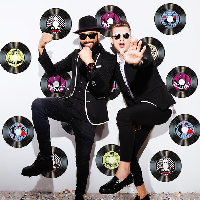 Boao 35 Pieces 7 Inch 1950's Records Decor Rock and Roll Music Party Decorations Retro 70's Wall Decor Fake Records Sign Cutouts for Disco Birthday Music Theme Party Decoration