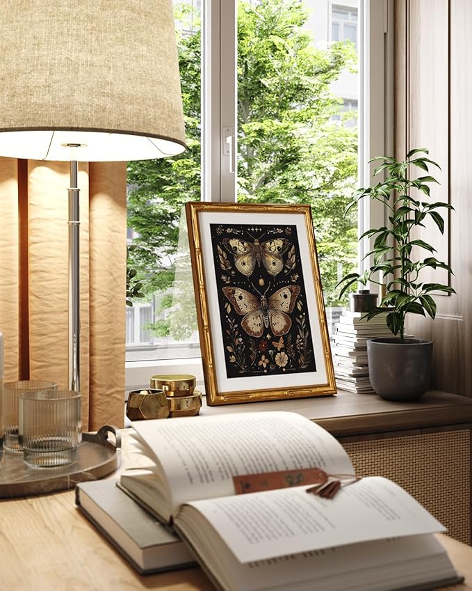 InSimSea Gold Bamboo Framed Canvas Wall Art, Retro Dark Butterfly Animal Paintings, Antique Vintage Picture Frame with Mat, Victorian Home Wall Decor for Living Room Bedroom Gallery, 11x14inch