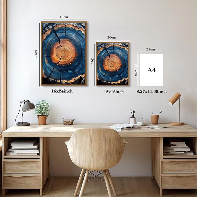 IBHJSART Framed Tree Ring Canvas Wall Art Blue Wall Art Wood Stump Painting Prints Modern Minimalist Pictures Neutral Nature Rustic Farmhouse Decor Living Room Bedroom Bathroom Office