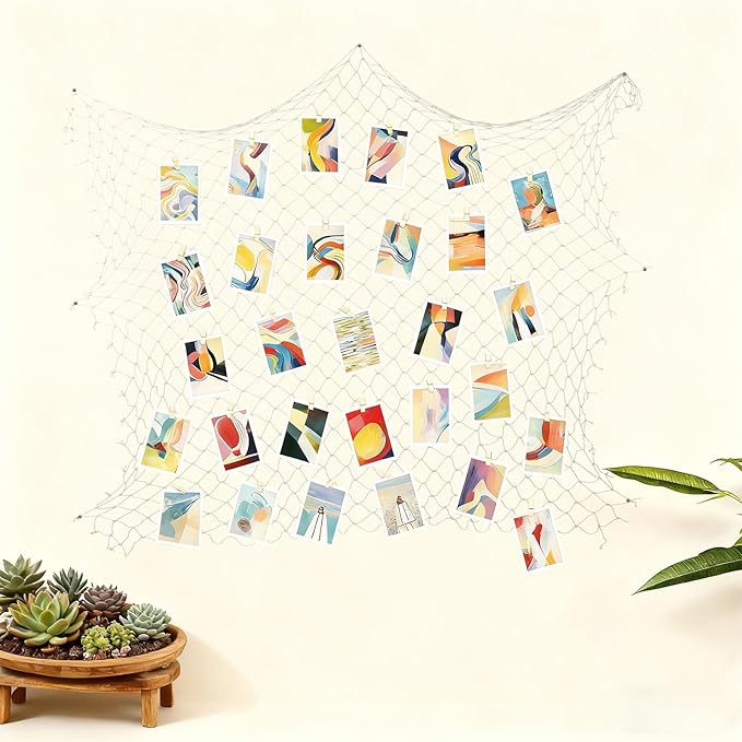 Decorative Fishing Net 80x40 Inch,Patioland Large Beige Picture Fish Net, Wall Photo Hanging Fishnet for Nautical Mermaid Pirate Ocean Themed Hawaii Beach Under The Sea Party Decorations (1PCS)