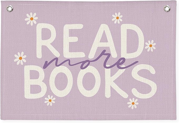 Reading Nook Read More Books Banner - Purple Book Lover Decor, Classroom Pastel Reading Party Decorations, Kids Library Wall Hanging, Daisy Flower Linen Canvas Flag for Nursery, Playroom, Homeschool, 20x30 Inch