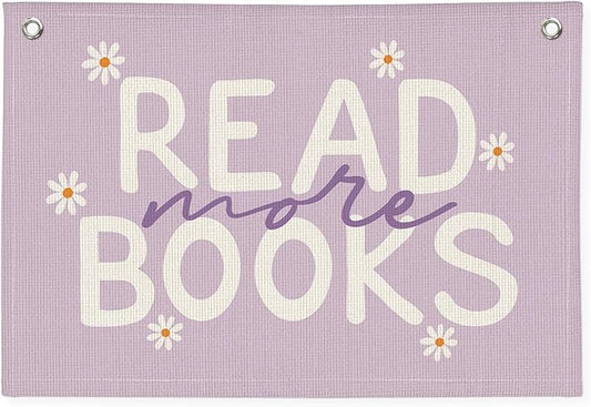 Reading Nook Read More Books Banner - Purple Book Lover Decor, Classroom Pastel Reading Party Decorations, Kids Library Wall Hanging, Daisy Flower Linen Canvas Flag for Nursery, Playroom, Homeschool, 20x30 Inch