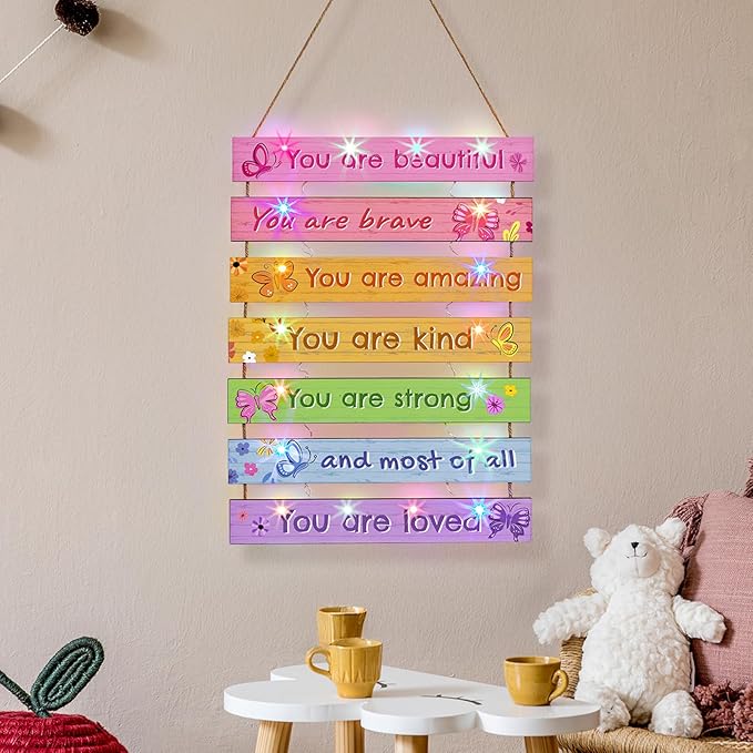 FIOBEE Girls Room Décor for Teen Girls Boys with LED Light Wall Decor for Bedroom Motivational Inspirational Wall Art Room Decoration for Kids Studyroom, 8 Kinds of Lights, Colorful Butterfly
