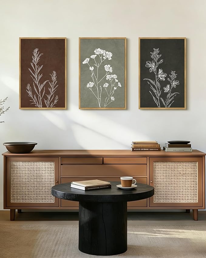 Drsoum Vintage Boho Flower Wall Art Framed Retro Botanical Floral Wall Prints Wildflower Neutral Rustic Bohemain Artwork Kitchen Bedroom Ready to Hang 16x24in Natural Framed