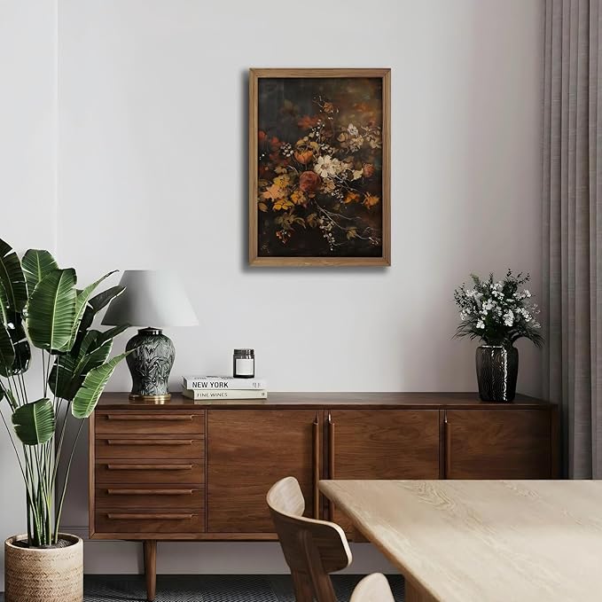 Framed Vintage Moody Floral WallArt Fall Wildflower Canvas Painting,Dark Botanical Picture Poster Print With Wood Frame Wall Decor for LivingRoom Bedroom Bathroom16X24In