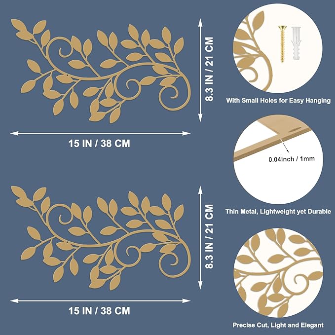 ESTART 2 Pieces Metal Tree Leaf Wall Decor Vine Olive Branch Leaf Wall Art Wrought Iron Scroll Sculptures for Above the Bed, Living Room, Bedroom, Hallway, Indoor and Outdoor Decoration (Gold)