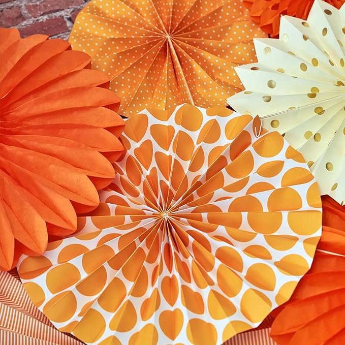SUNBEAUTY Pack of 7 Hanging Paper Fans Collection Orange Paper Fans Home Party Photo Backdrop Decorations