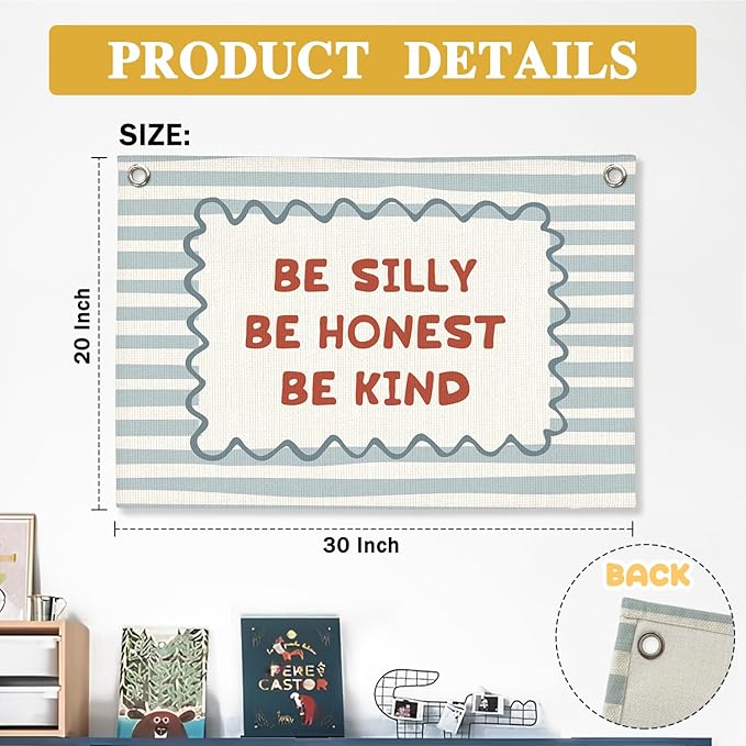 Blue Kids Room Decor, Boy Nursery Decor Boho Retro Classroom Wall Hanging Canvas Banner, Be Silly Honest Kind Classroom Wall Art Decor for Kids Nursery Toddler Room Bedroom Playroom, 30x20 Inch