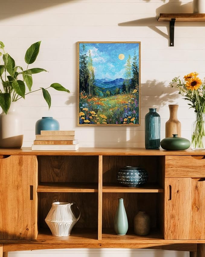 WHASAYART Vintage Floral Framed Wall Art Aesthetic 12x16 Rustic Nature Canvas Print with Blue Background, Colorful Vibrant Floral, Forest, Mountain for Home Office Bedroom Living room Hallway Decor