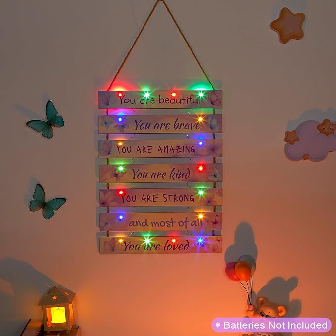 FIOBEE Girls Room Décor for Teen Girls Boys with LED Light Wall Decor for Bedroom Motivational Inspirational Wall Art Girl Room Decoration for Kids Studyroom, 8 Kinds of Lights, Blue Purple Butterfly