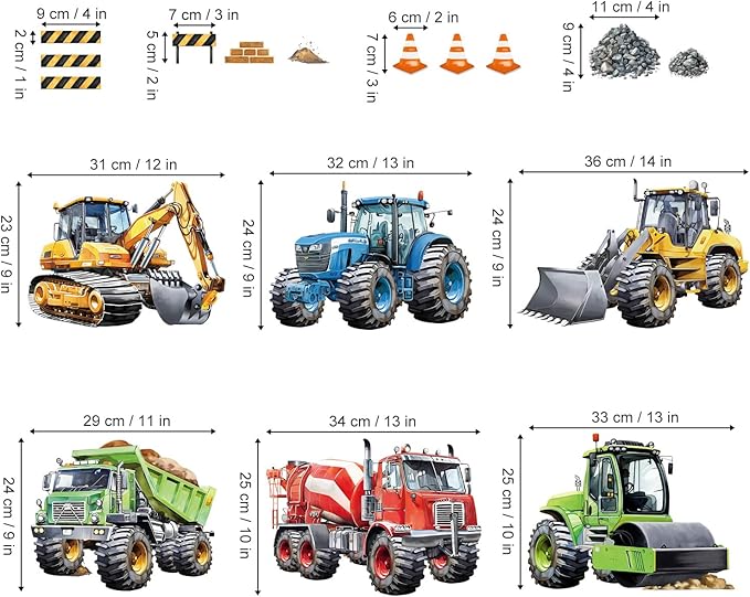 decalmile Construction Cars Wall Decals Trucks Tractor Vehicles Wall Stickers Baby Nursery Boys Bedroom Kids Room Wall Decor