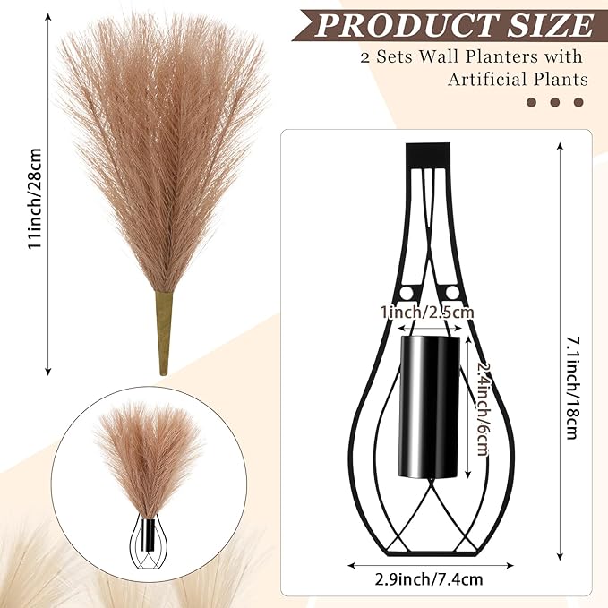 2 Pieces Hanging Plant Wall Decor with Artificial Pampas Grass Metal Hanging Vase Modern Geometric Farmhouse Bohemian Wall Art for Living Room Bedroom Kitchen Office (Black, Light Brown)