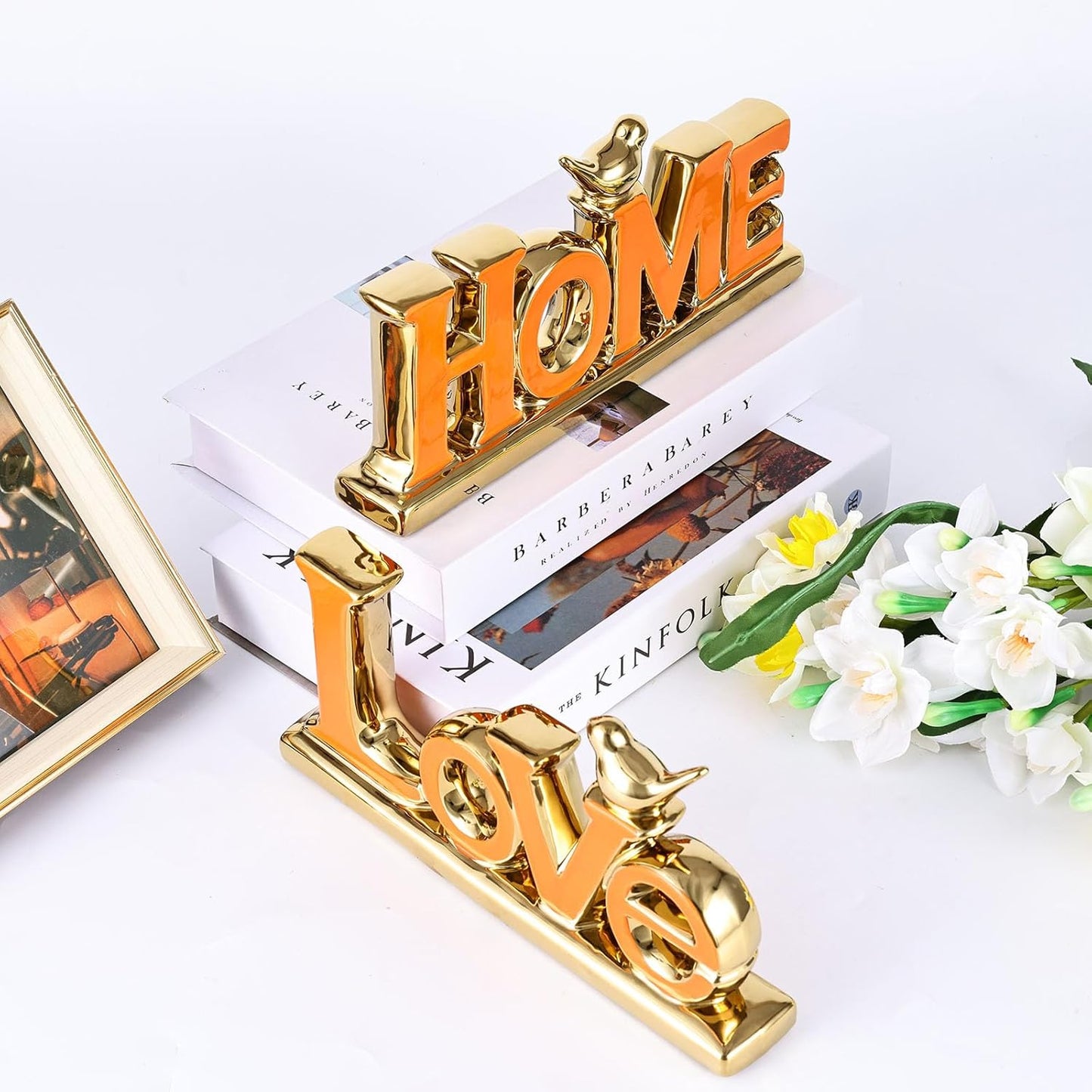 XMGZQ Love Sign Decoration,Orange and Gold Love Signs for Home Decor,Small Bird Sculpture Personalized Decor,Orange Style Figurine Decorative Ornaments for Living Room,Bedroom,Desktop,Cabinets