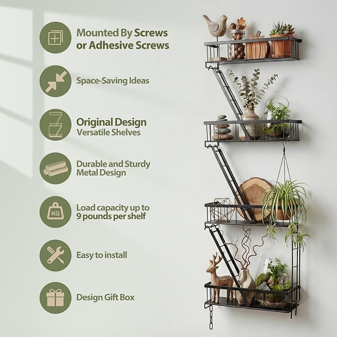 Fire Escape Wall Shelf 4 Tier - NYC Decorative Floating Shelf Black Metal Book Shelves for Home Office Apartment Organizer and Display