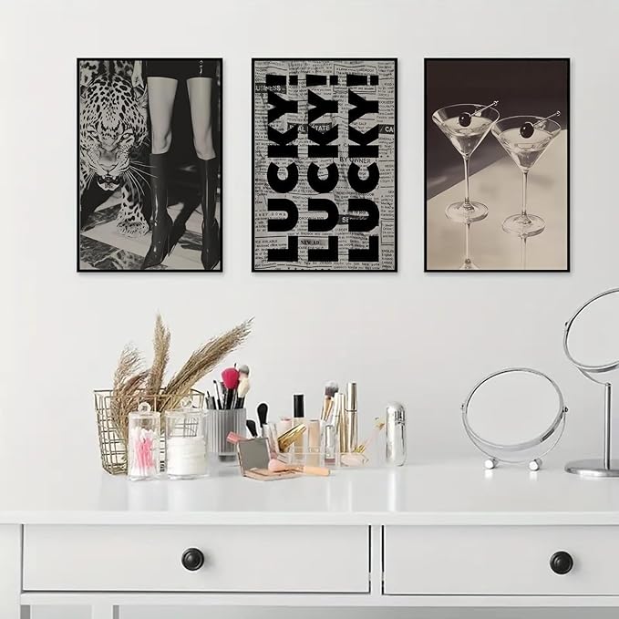 Trendy Leopard Wall Art Fashion Cheetah Lucky Martini Wall Decor Pictures Funky Vintage Preppy Luxury Aesthetic Posters Prints for Girly Bedroom Apartment Dorm Decoration Unframed 16x24in